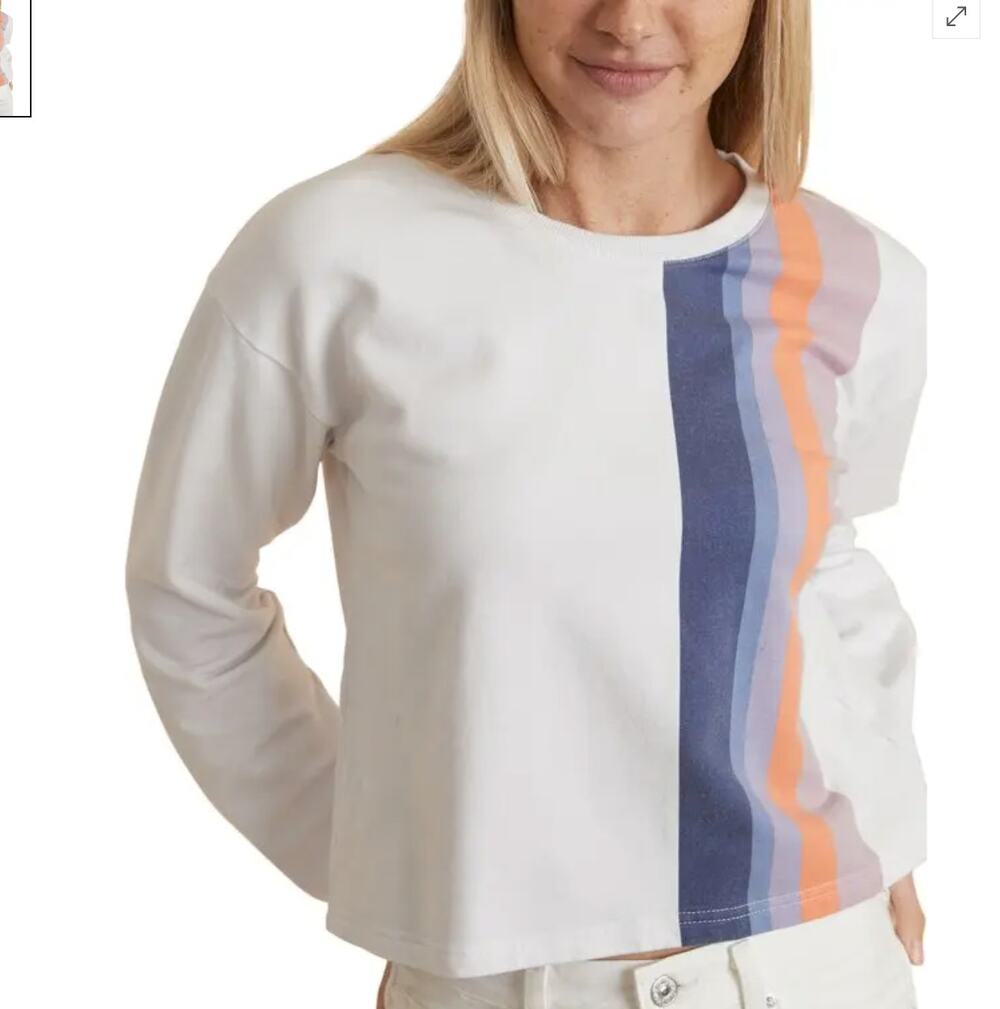 Marine Layer Rainbow Striped Cropped Sweatshirt Large Oversized White Crew $88